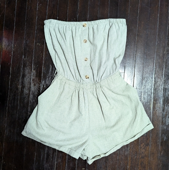 Fashion Nova Strapless Green Gauze Romper - Picture 1 of 7